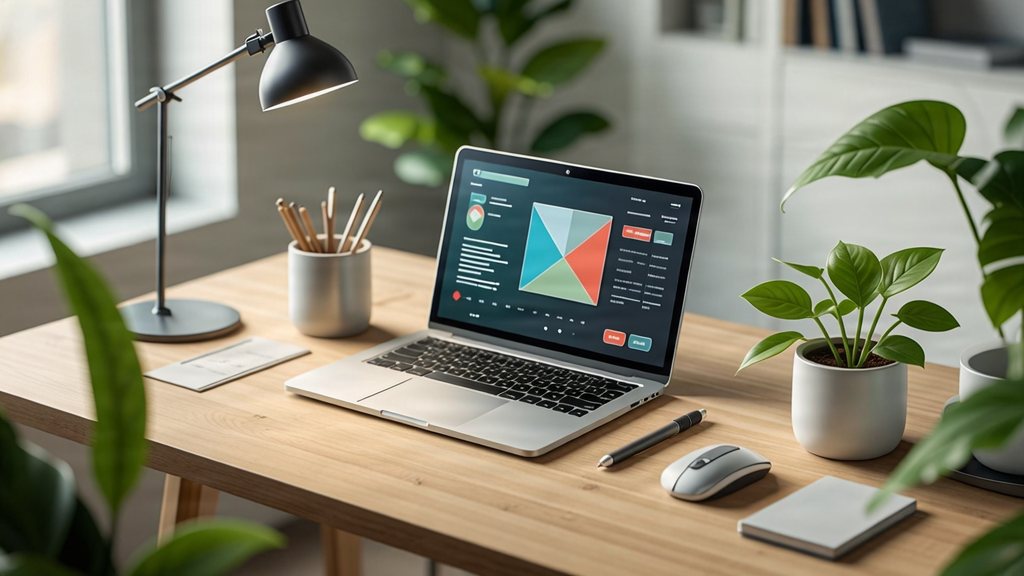 Espace de travail créatif avec un ordinateur portable et des outils de design, ambiance moderne.